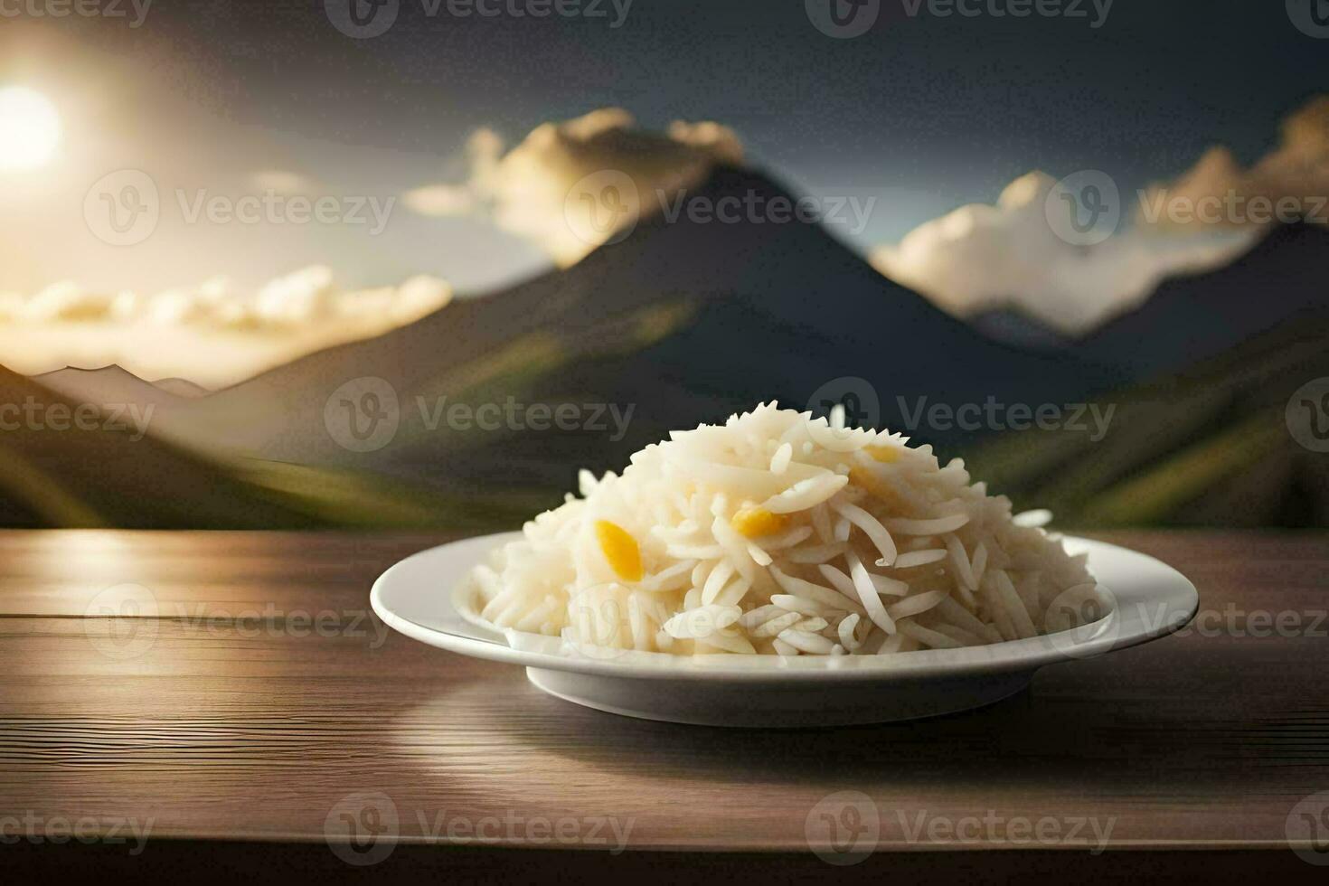 rice in a plate on a table with mountains in the background. AI-Generated photo