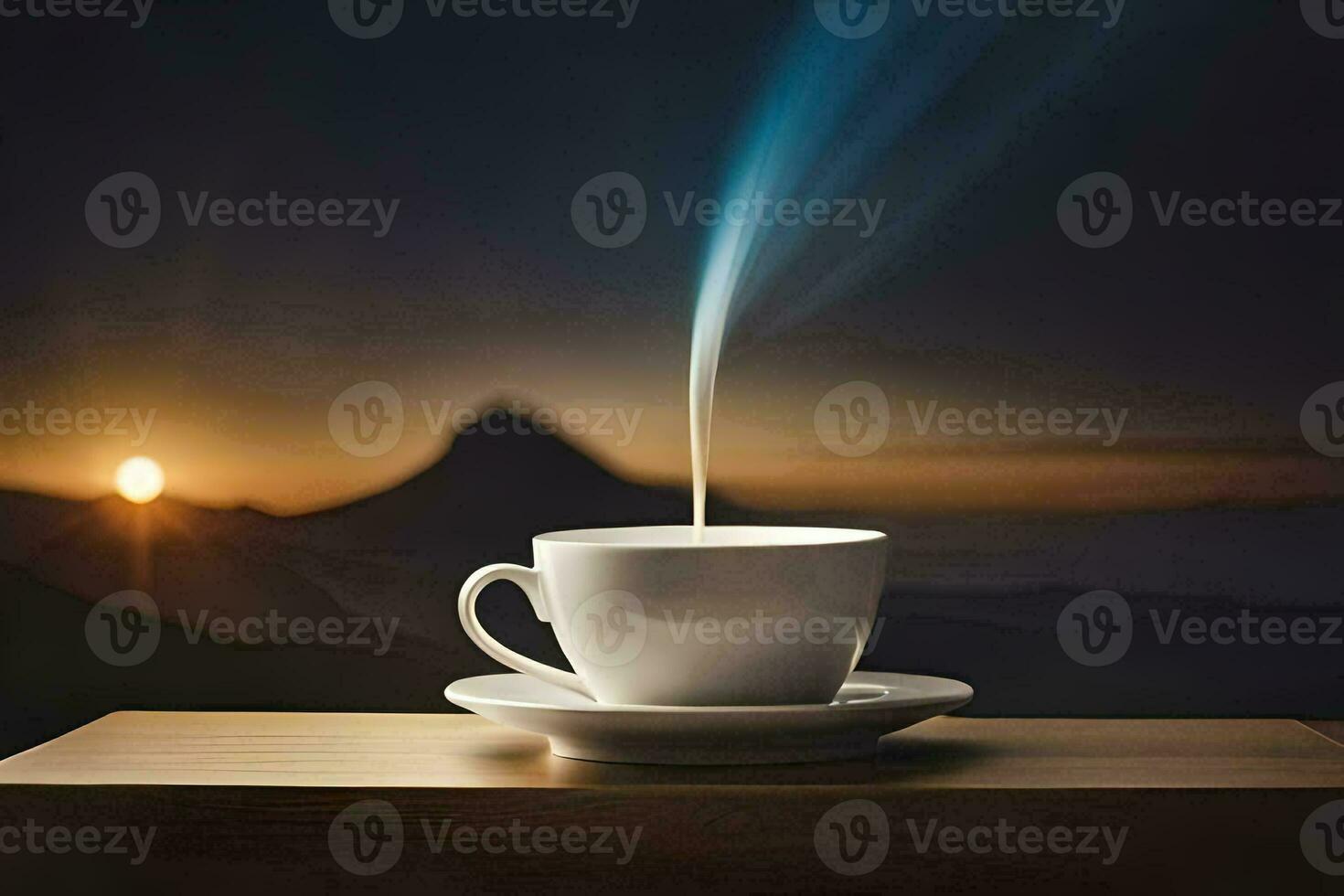 a cup of coffee on a table with a mountain in the background. AI-Generated photo