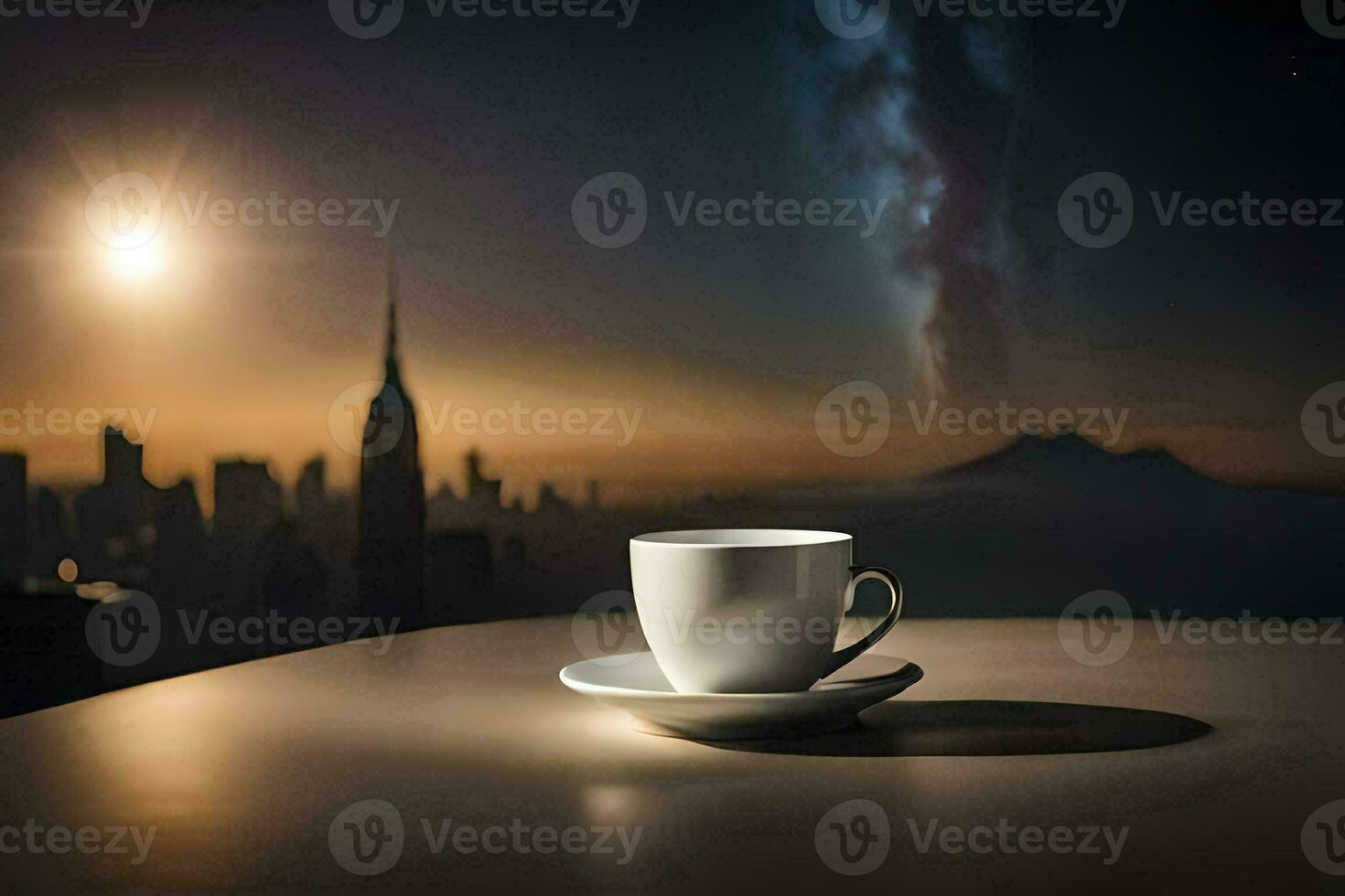 un taza de café en un mesa en frente de un ciudad horizonte. generado por ai foto