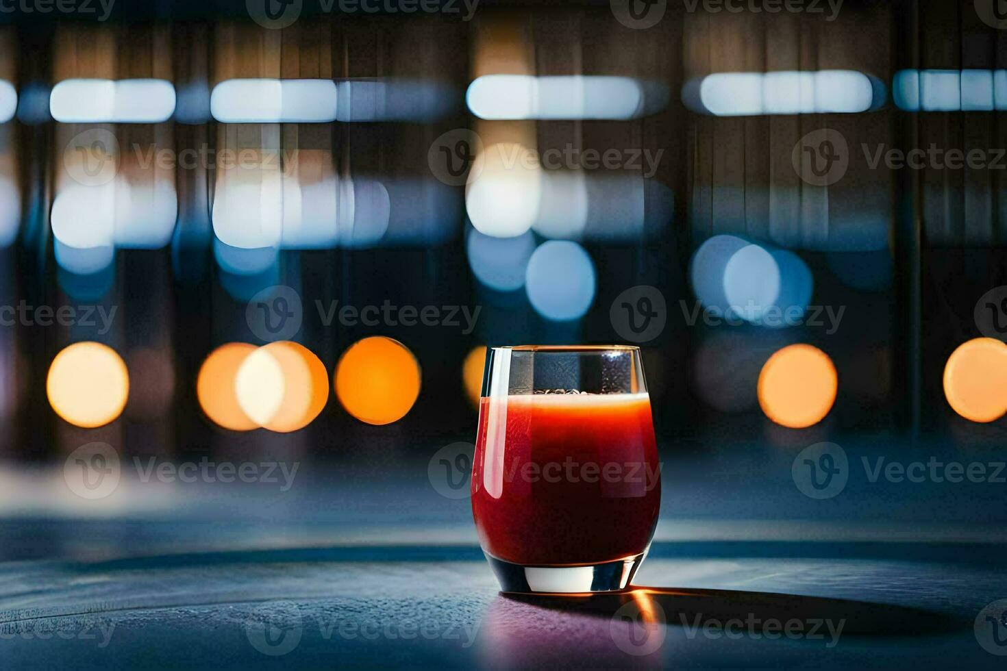 a glass of juice sitting on a table in front of a blurred background. AI-Generated photo