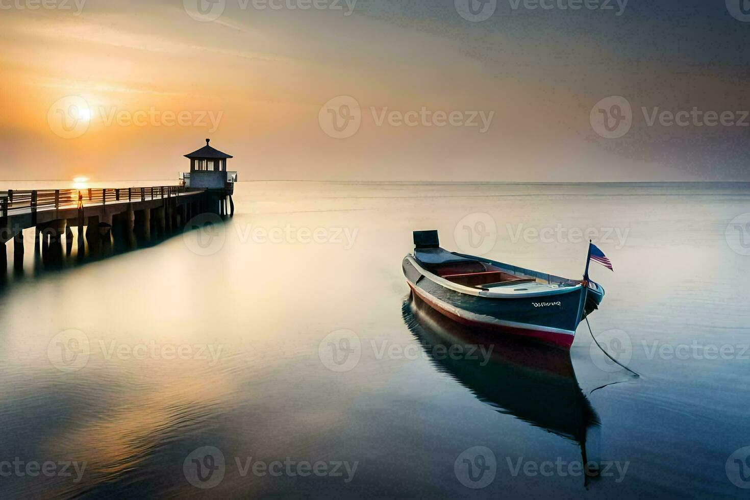 a boat sits on the water at sunset. AI-Generated photo