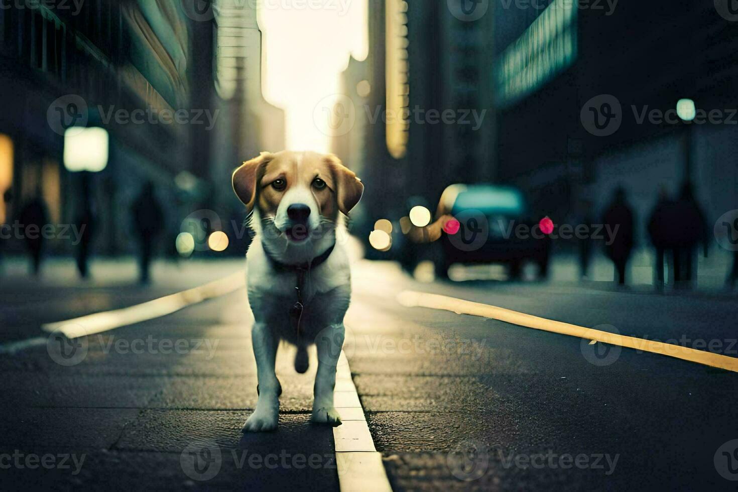 a dog is standing on the street in the city. AI-Generated photo