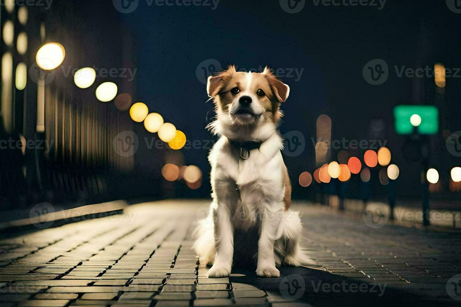 a dog sitting on the street at night. AI-Generated photo