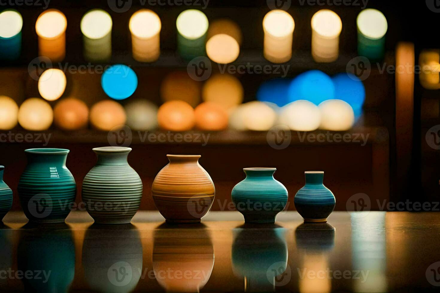 a row of vases on a table with lights in the background. AI-Generated photo