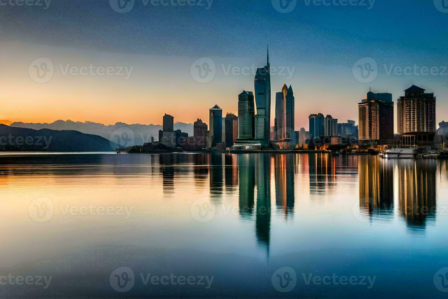 the city skyline is reflected in the water at sunset. AI-Generated photo