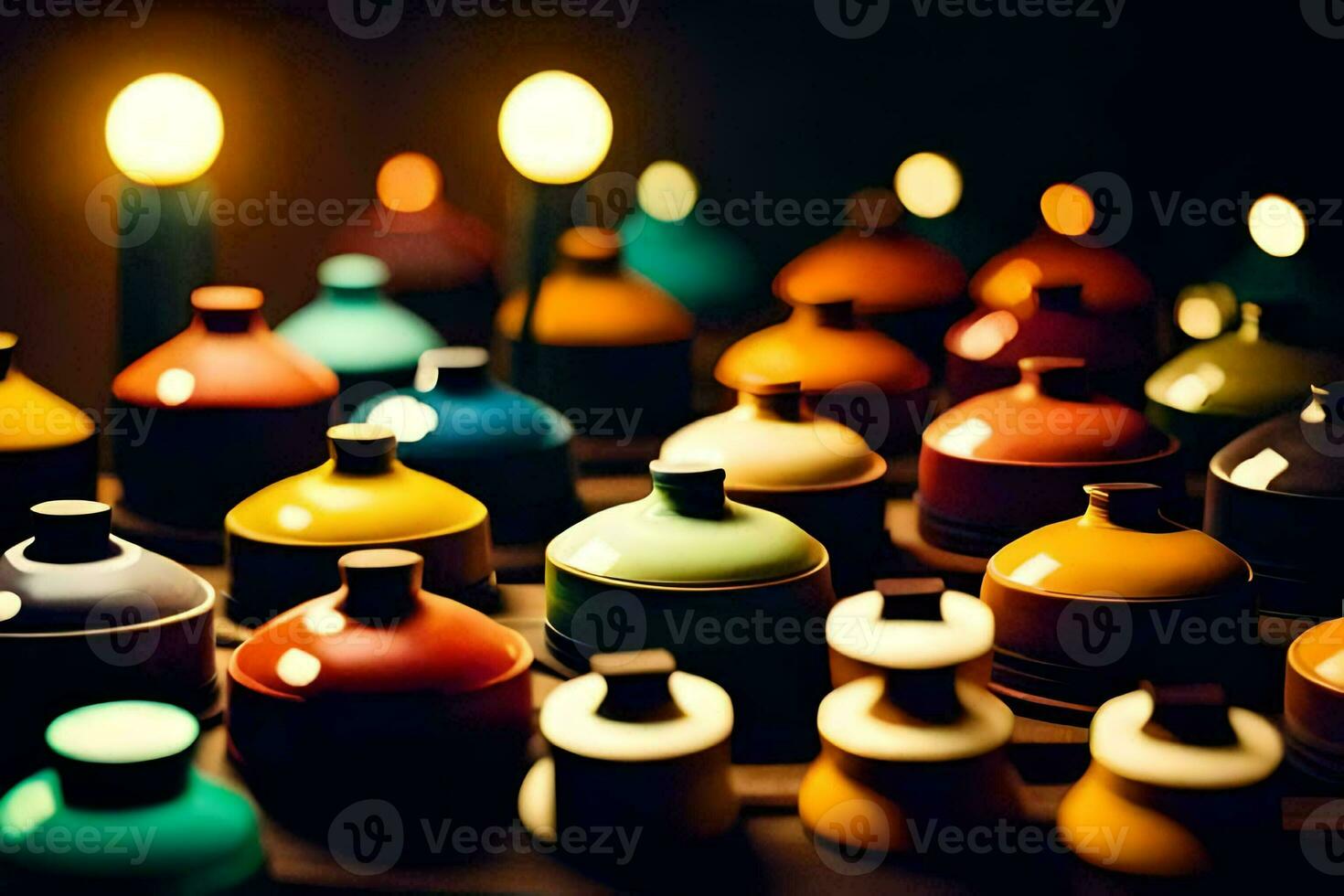 many colorful pots and candles are lit up. AI-Generated photo