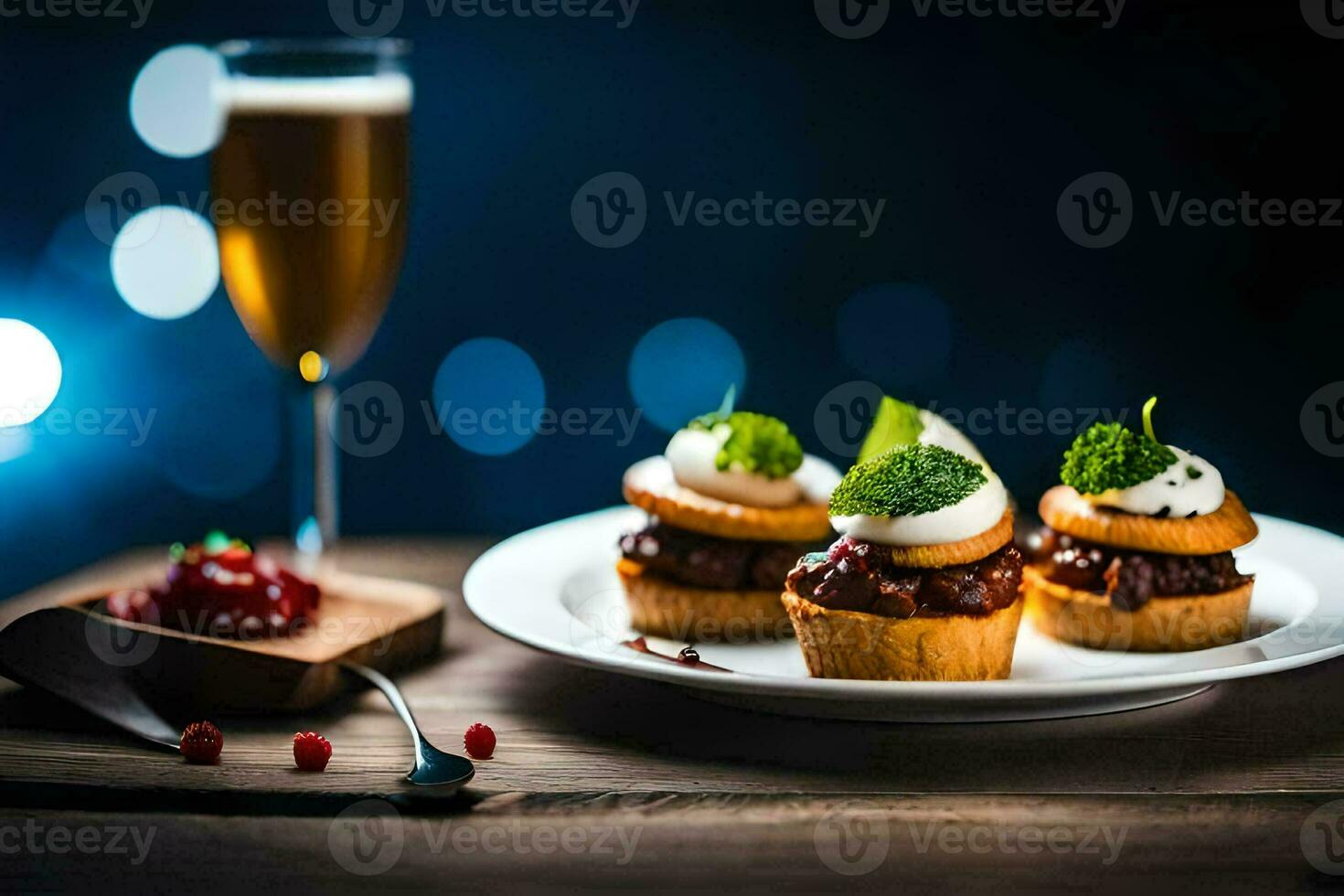 pequeño postres en un plato con un vaso de champán. generado por ai foto