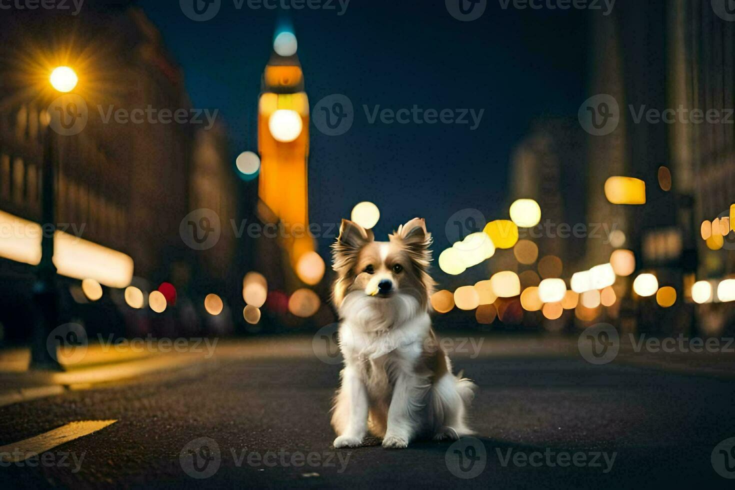 a dog sitting on the street in front of big ben. AI-Generated photo