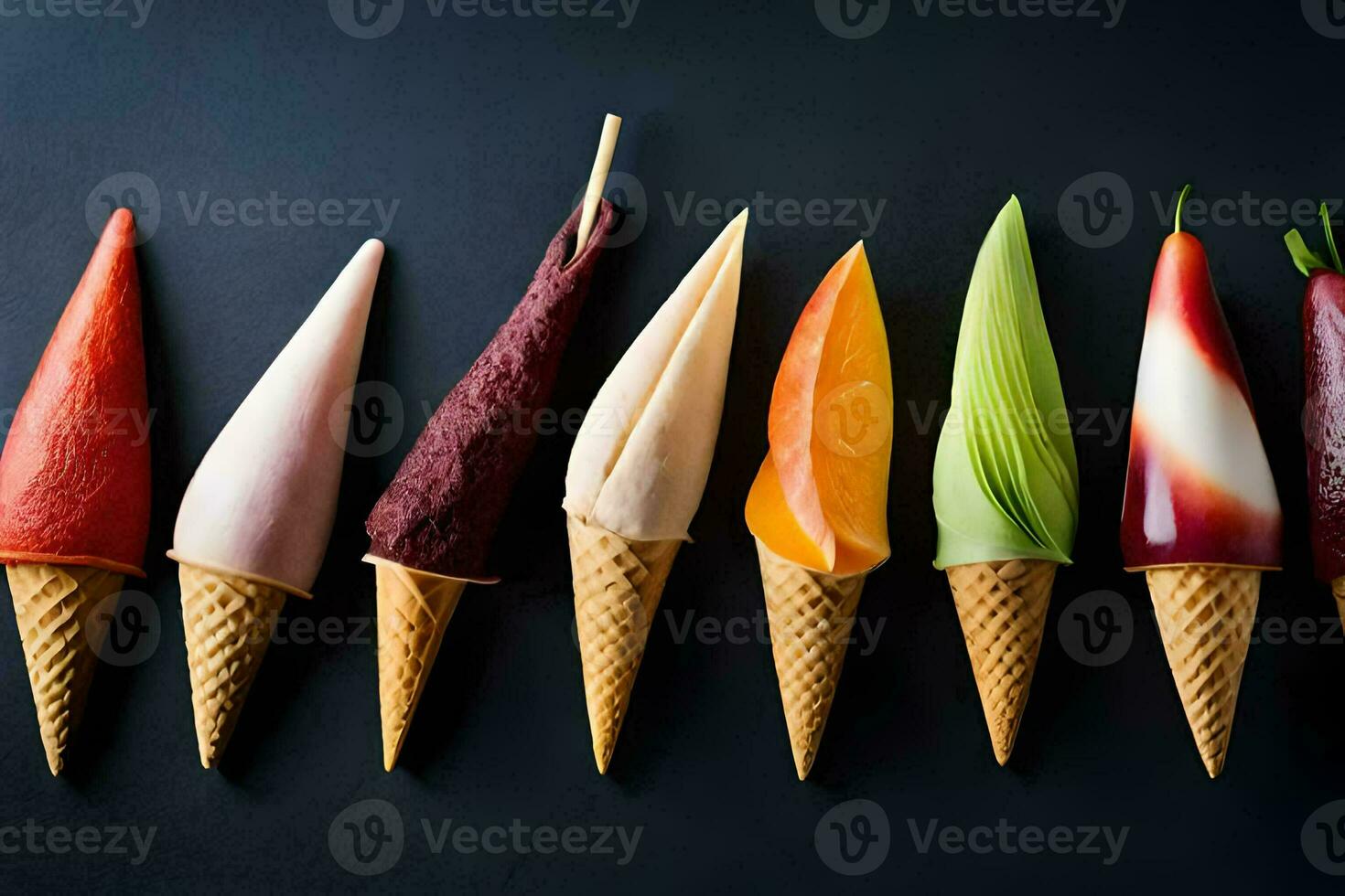 a row of ice cream cones with different types of fruit. AI-Generated photo