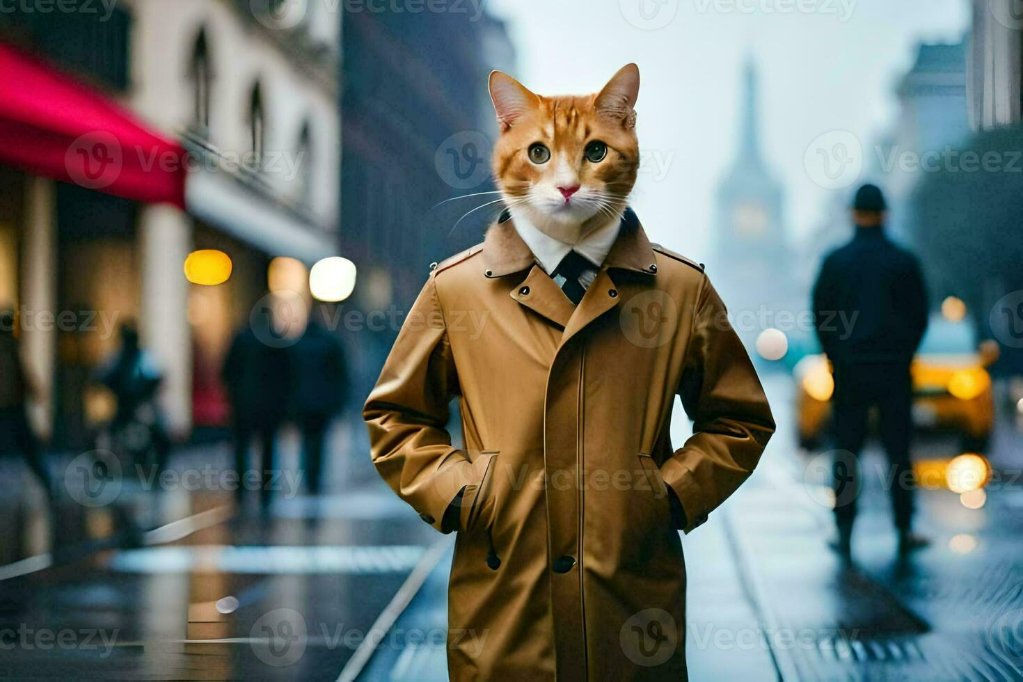 a cat wearing a trench coat and tie standing on a city street. AI-Generated photo