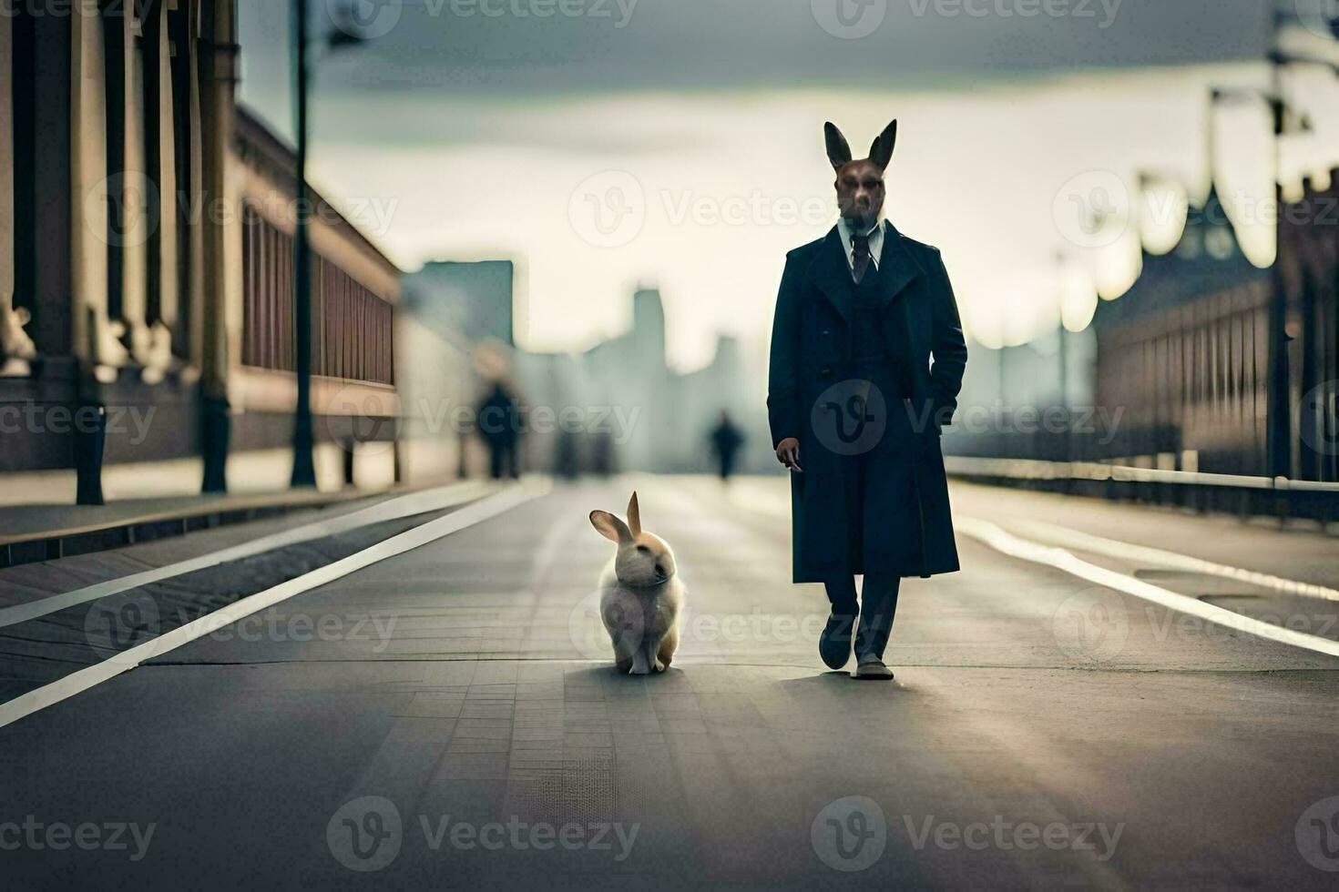 a man in a coat and rabbit ears walking down a street with a rabbit. AI-Generated photo