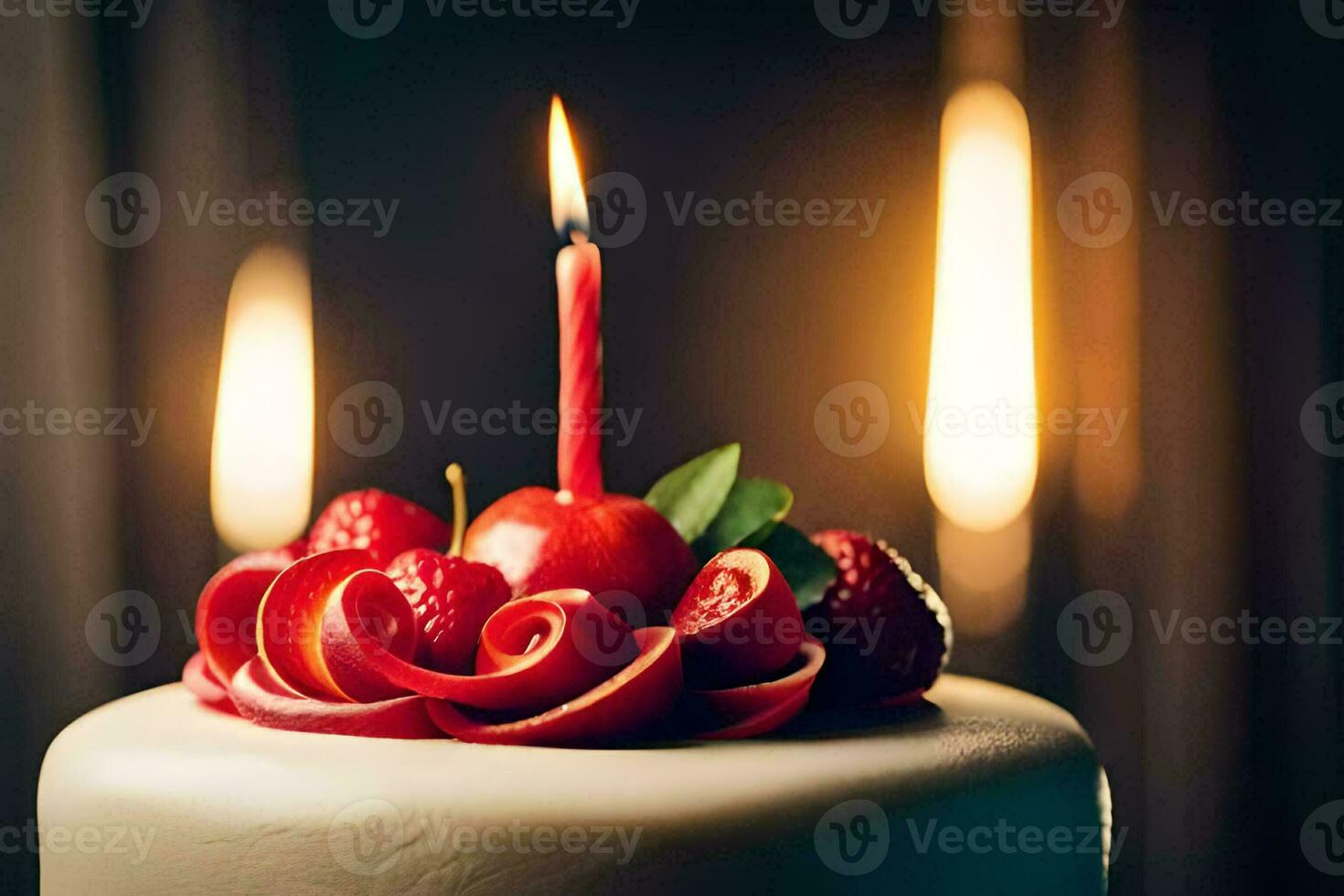 a birthday cake with a single candle. AI-Generated photo