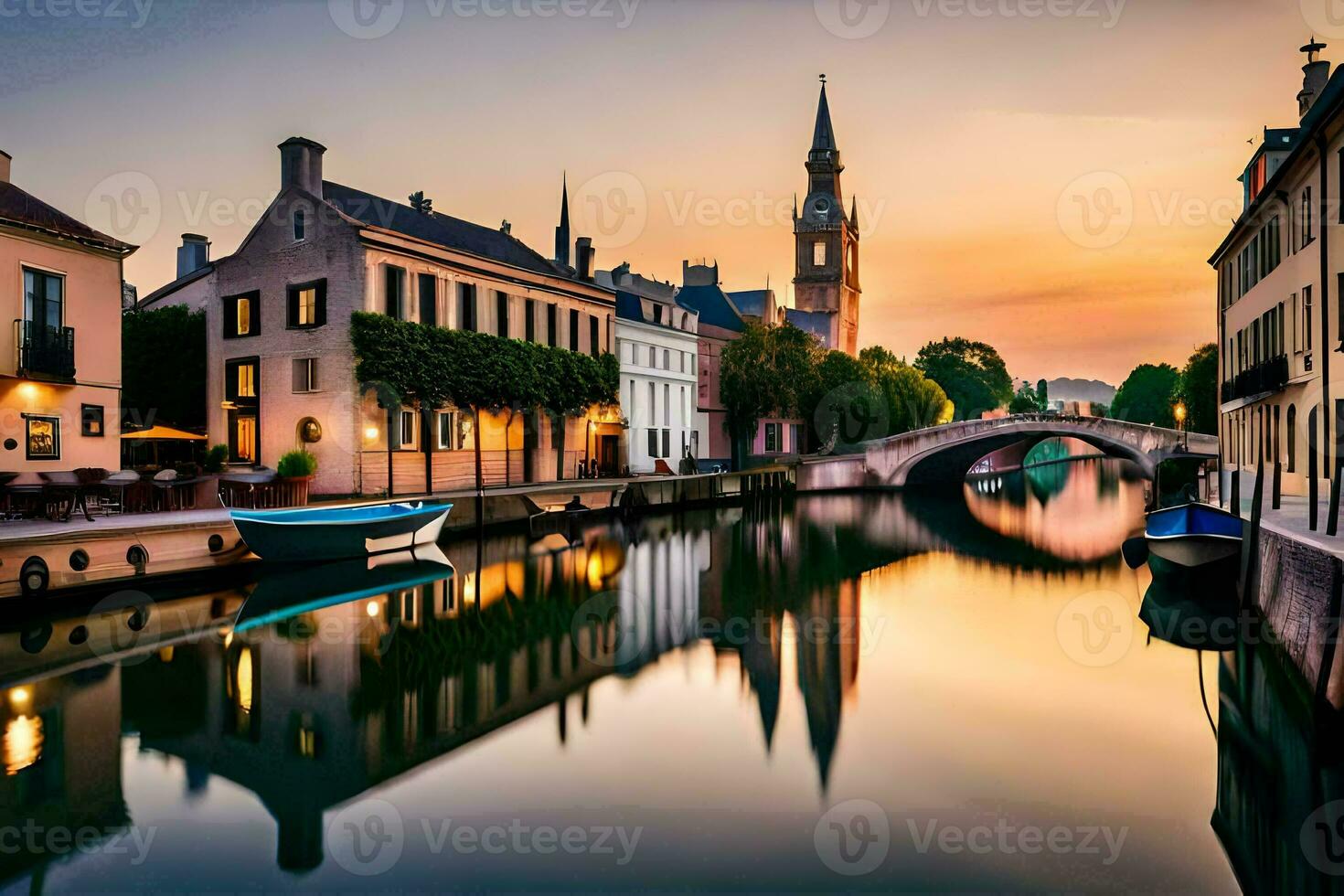 the sun is setting over a canal in a city. AI-Generated photo