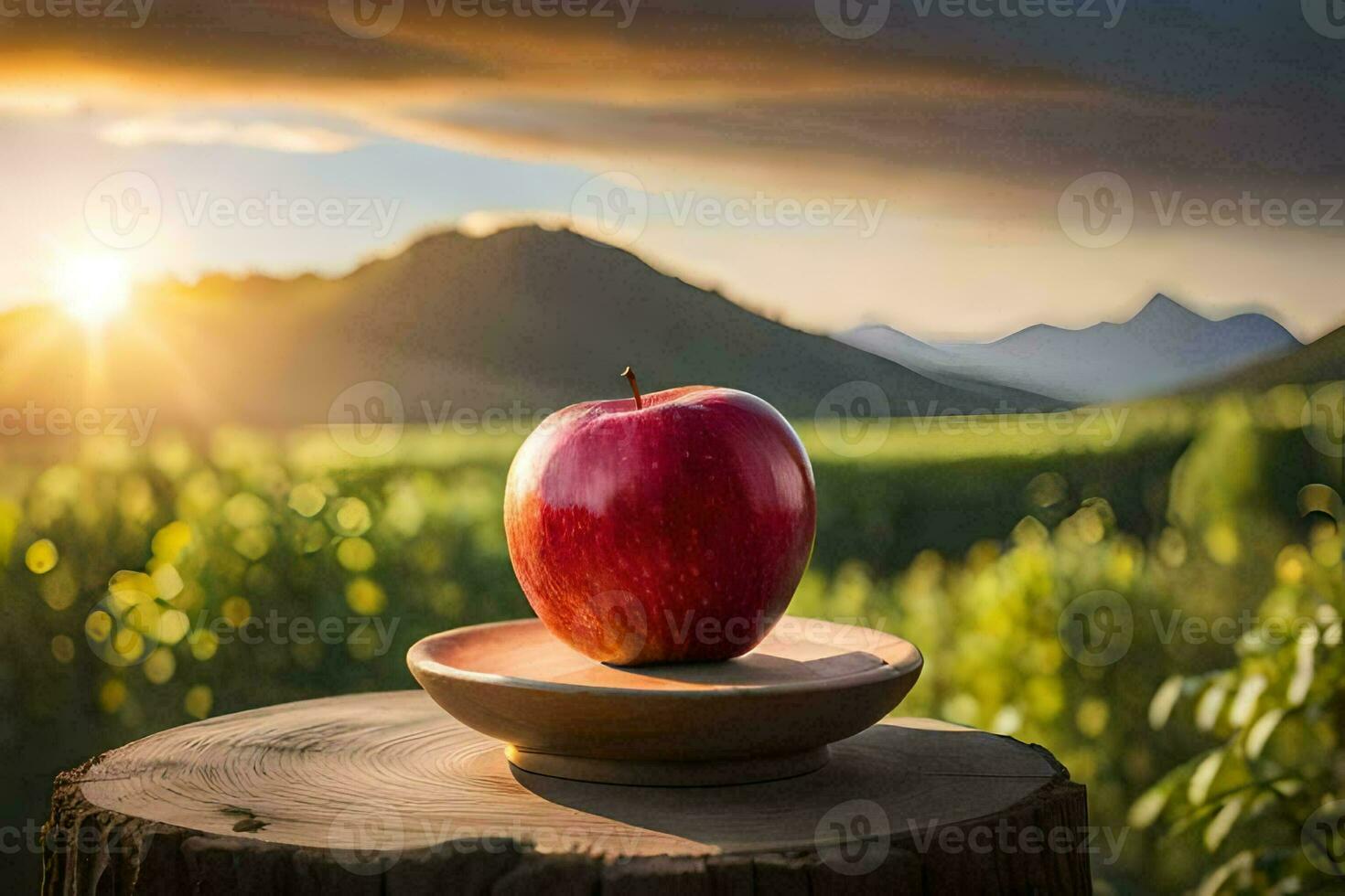 an apple sits on a wooden stump in front of a sunset. AI-Generated photo