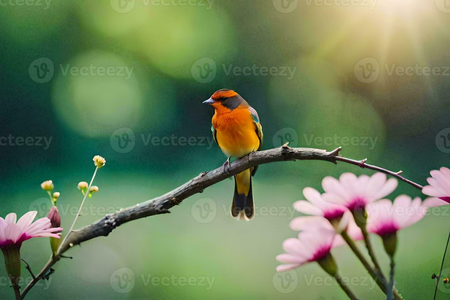 photo wallpaper the sun, flowers, bird, spring, nature, flowers, bird, spring,. AI-Generated