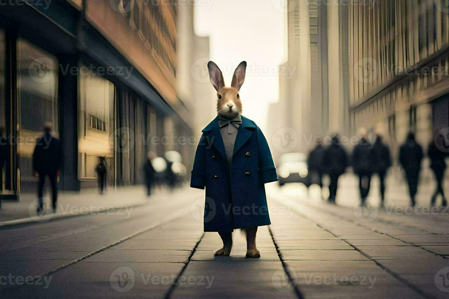 a rabbit wearing a coat and tie standing in the middle of a city street. AI-Generated photo