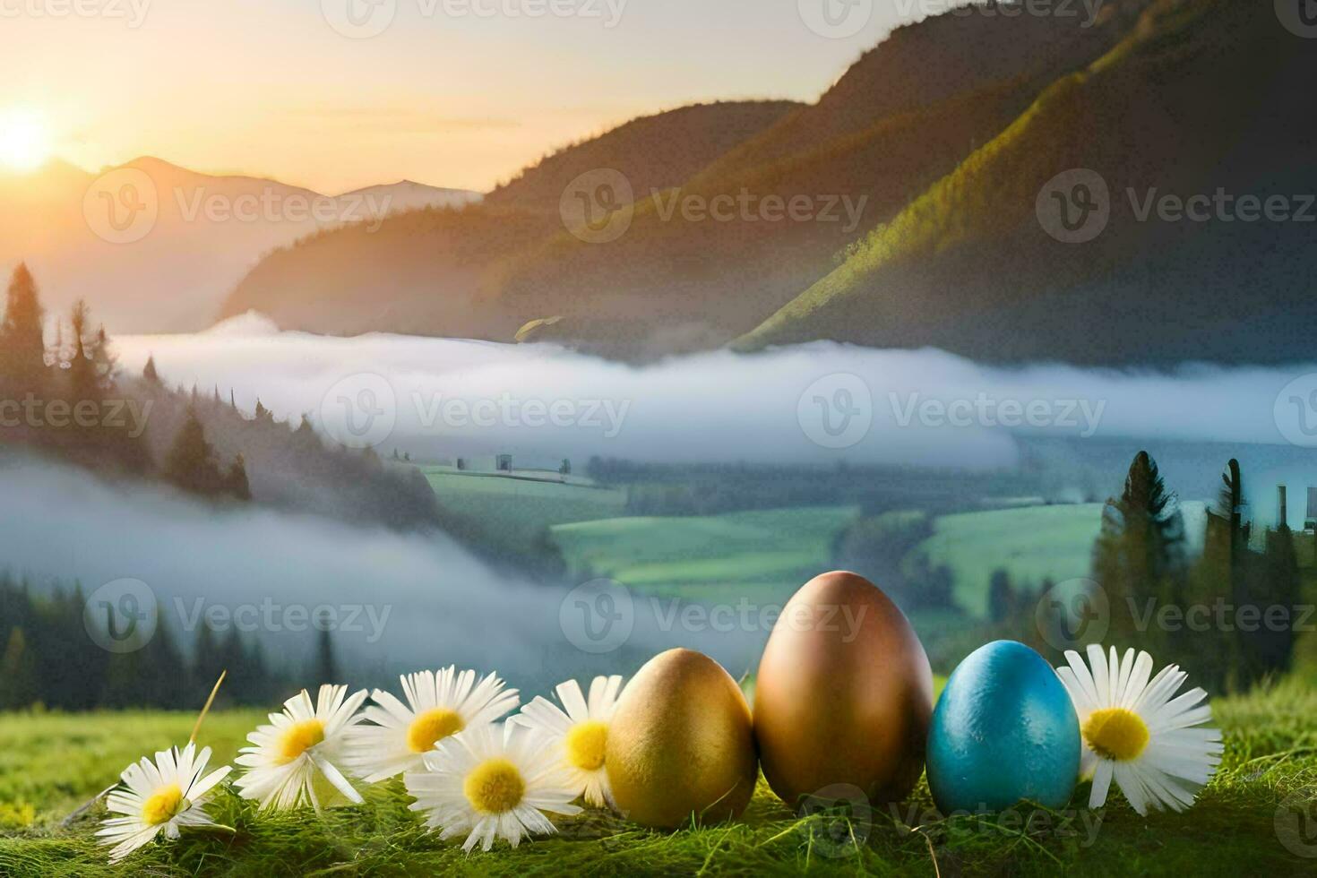 easter eggs in the mountains. AI-Generated photo