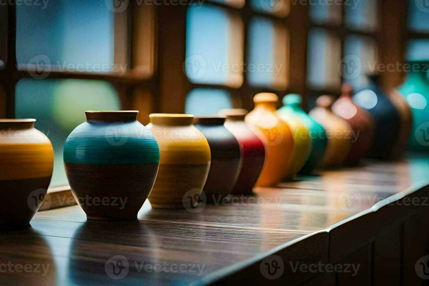a row of colorful vases lined up on a window sill. AI-Generated photo