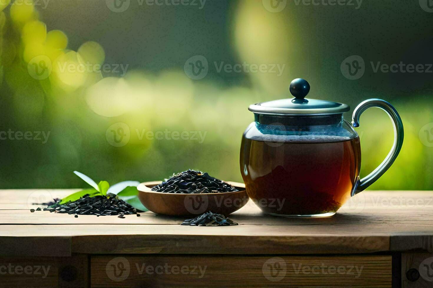black tea in a teapot on a wooden table. AI-Generated photo