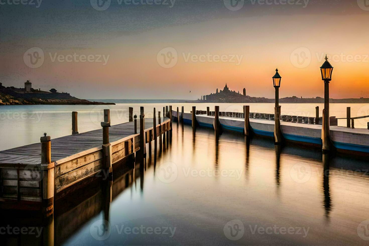 a pier with wooden posts and a lighthouse at sunset. AI-Generated photo