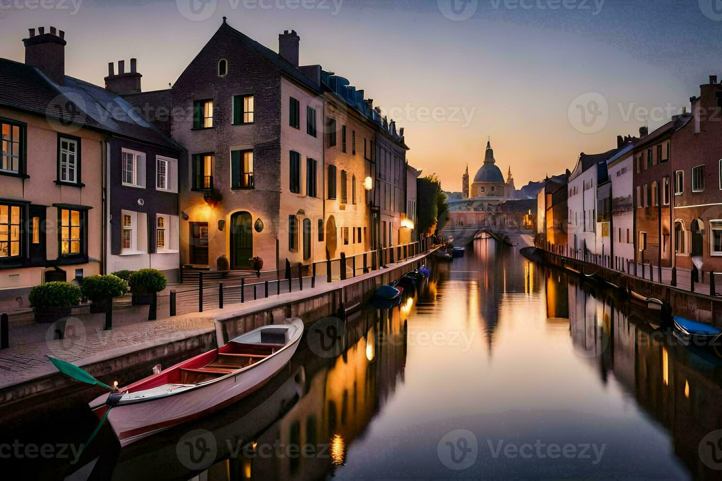 un canal en el medio de un ciudad a puesta de sol. generado por ai foto