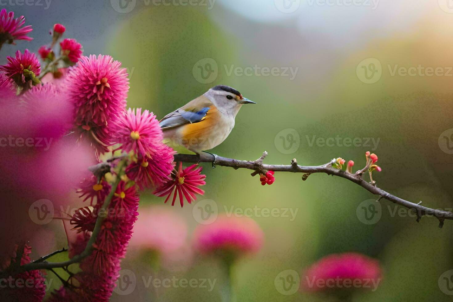 photo wallpaper the bird, flowers, spring, the sun, the flowers, the bird, the. AI-Generated