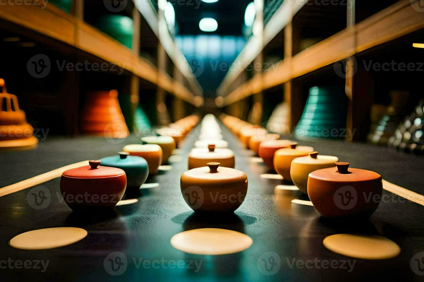 a row of colorful vases on a black floor. AI-Generated photo