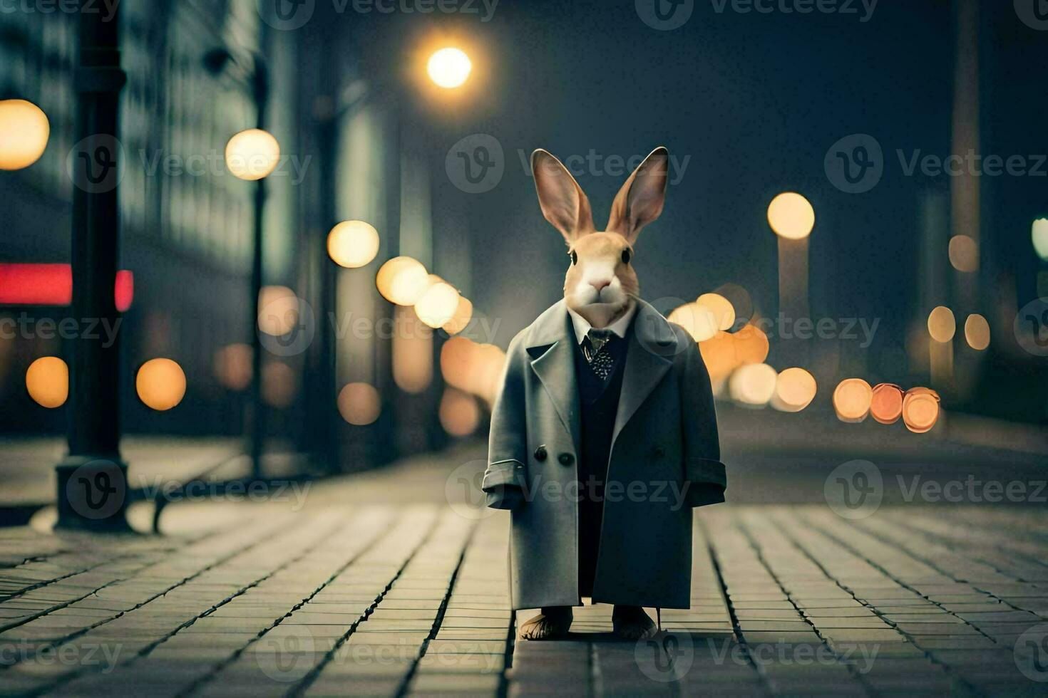 a rabbit dressed in a suit and tie standing on a street. AI-Generated photo
