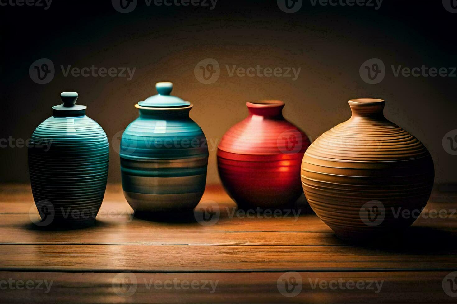 four colorful vases on a wooden table. AI-Generated photo