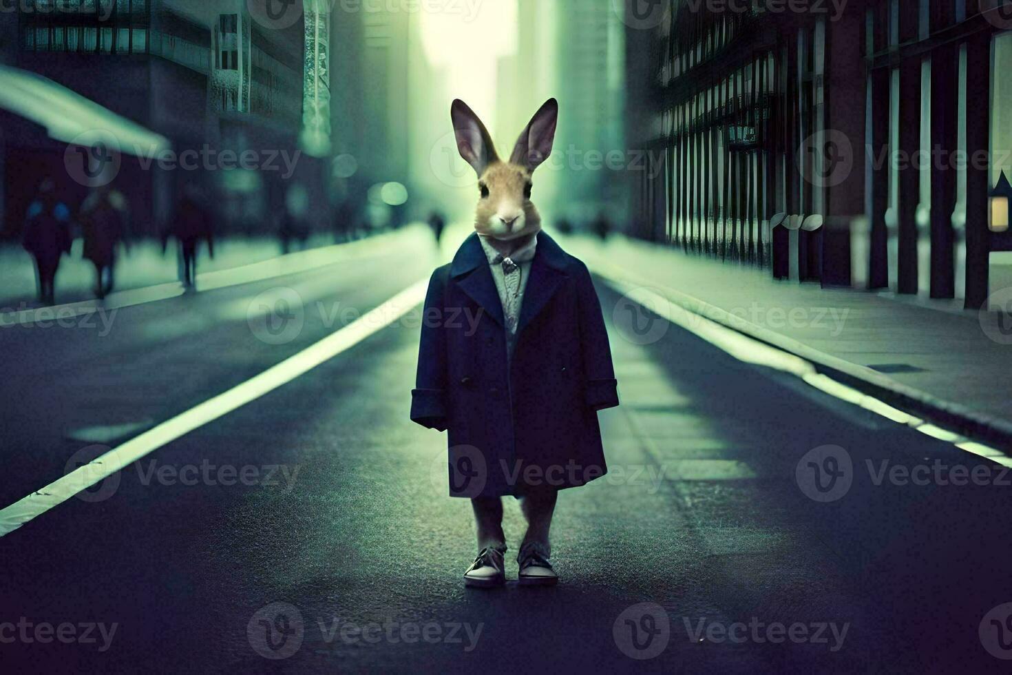 a rabbit in a coat standing in the middle of a city street. AI-Generated photo