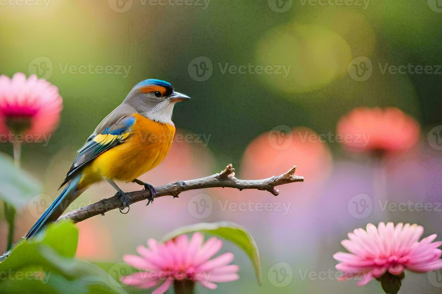 a colorful bird sits on a branch in front of pink flowers. AI-Generated photo