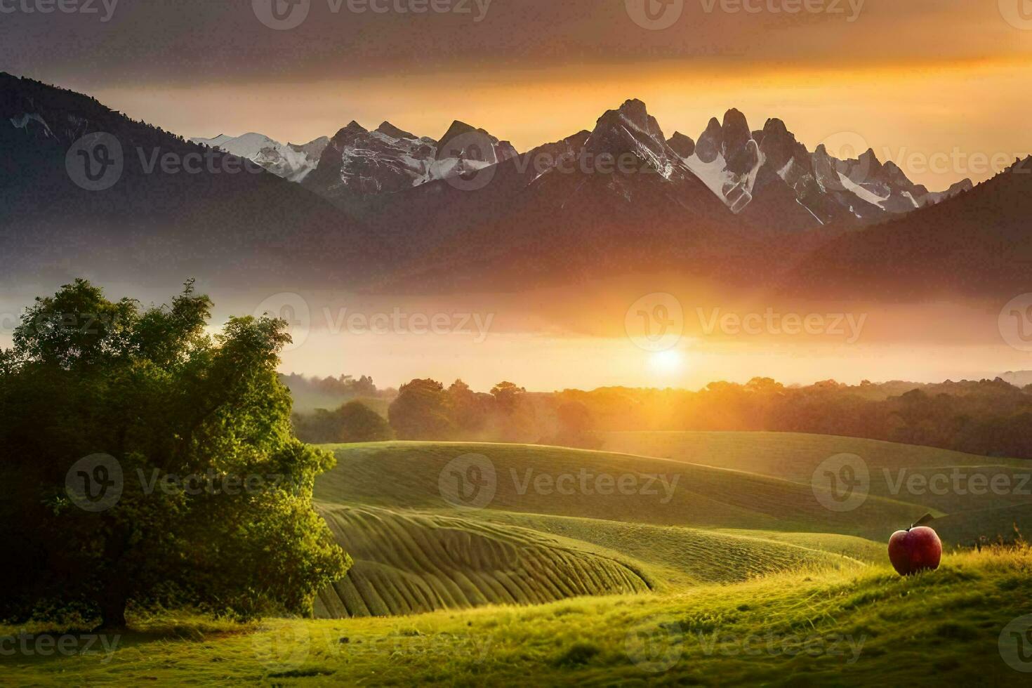 the sun rises over a green field with a red apple. AI-Generated photo