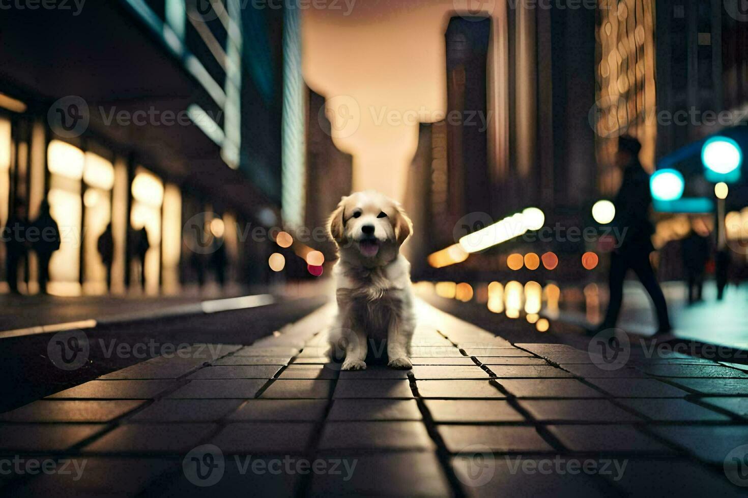 a dog standing on a street at night. AI-Generated photo