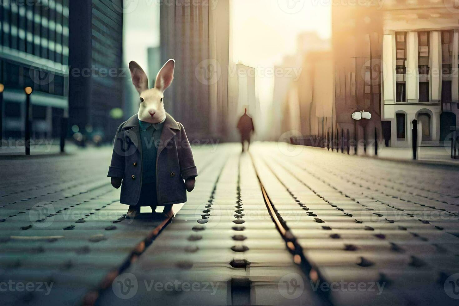 a rabbit in a coat standing on a street. AI-Generated photo