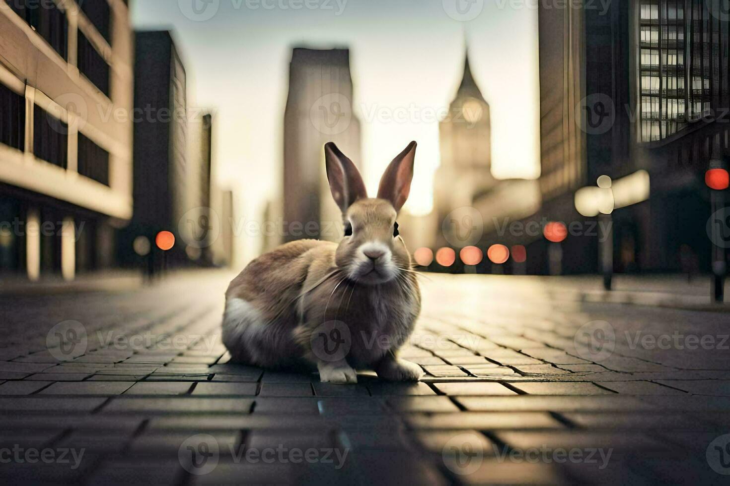 a rabbit is sitting on the ground in a city. AI-Generated photo