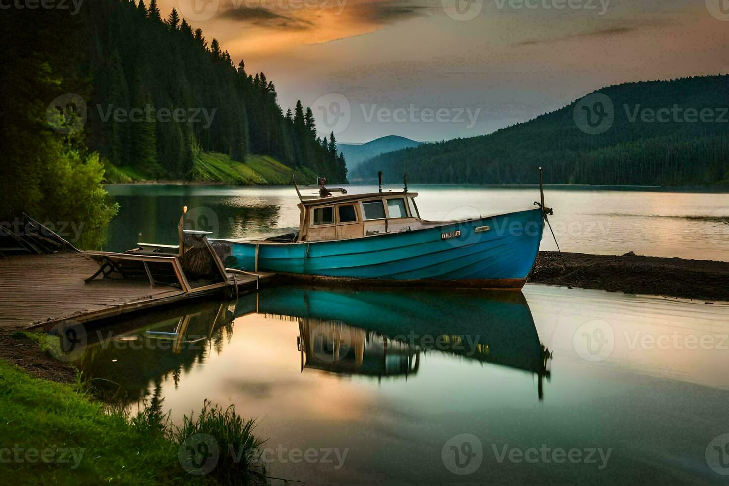 a boat docked on the shore of a lake. AI-Generated photo