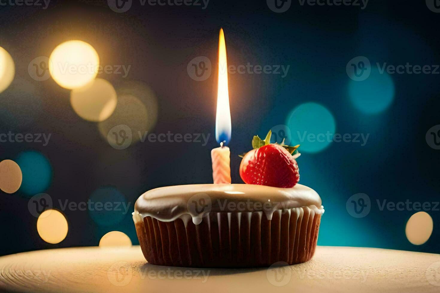 a cupcake with a single candle on top. AI-Generated photo