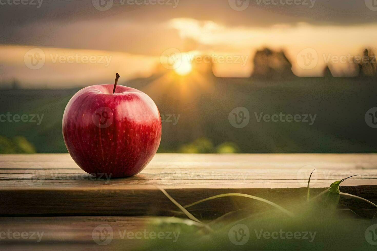 red apple on a wooden table in front of the sunset. AI-Generated photo