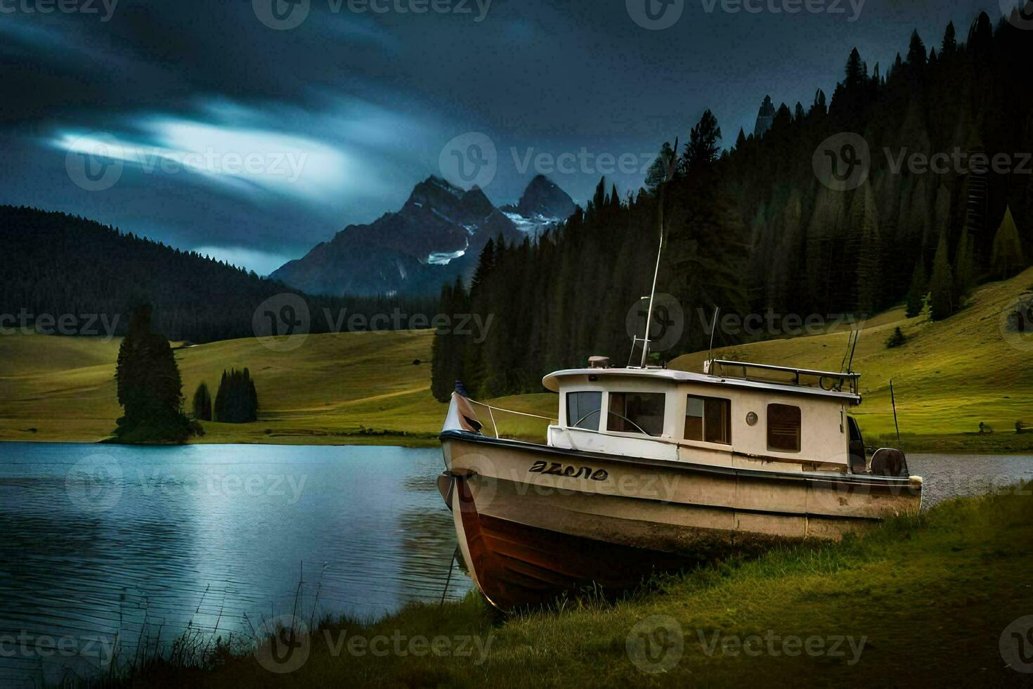 a boat sits on the shore of a lake under a dark sky. AI-Generated photo