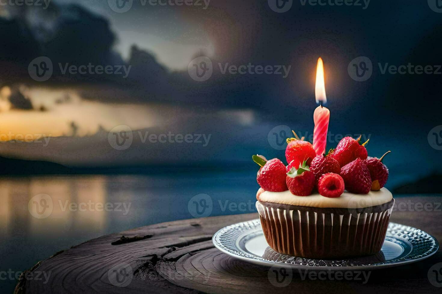 the cupcake is decorated with berries and a candle. AI-Generated photo