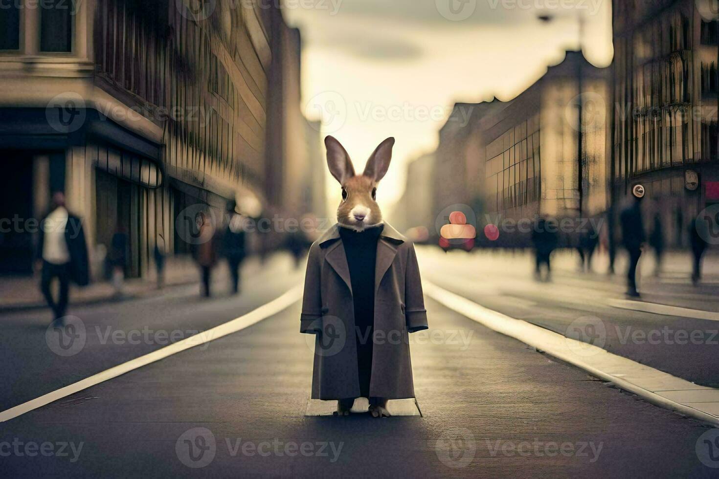 a rabbit in a coat standing in the middle of a city street. AI-Generated photo