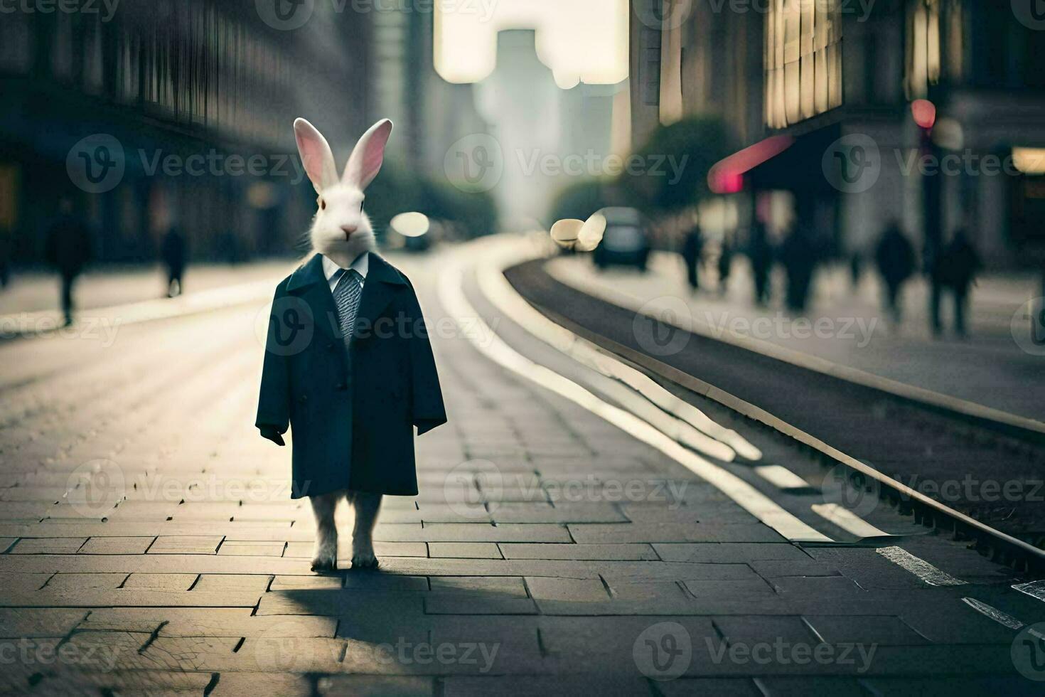 a rabbit wearing a suit and tie standing on a city street. AI-Generated photo