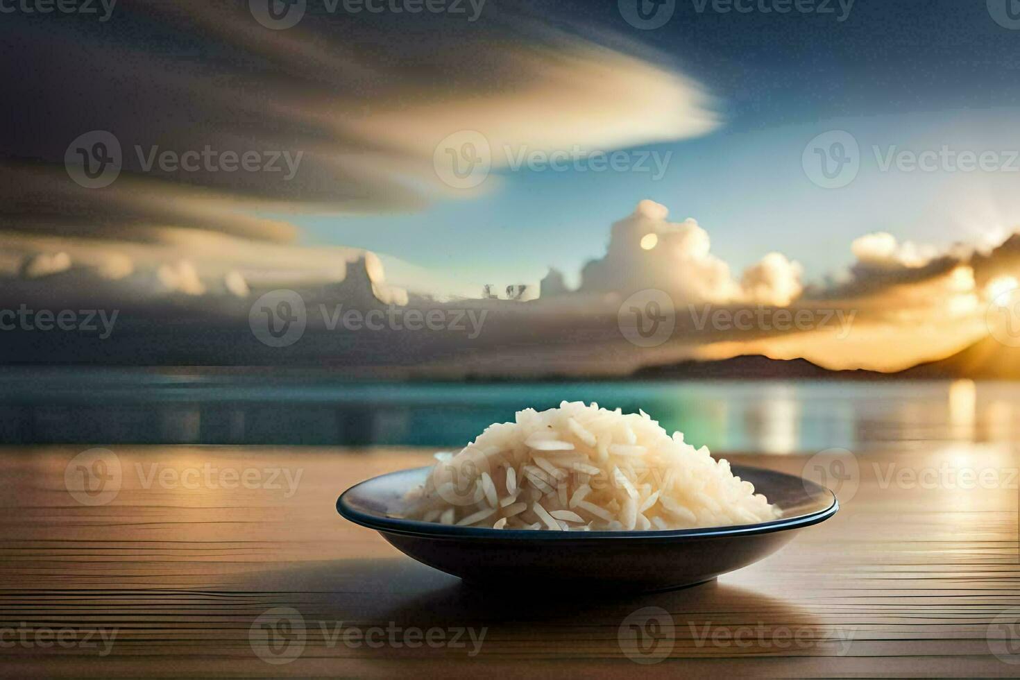 a bowl of rice on a table in front of the ocean. AI-Generated photo