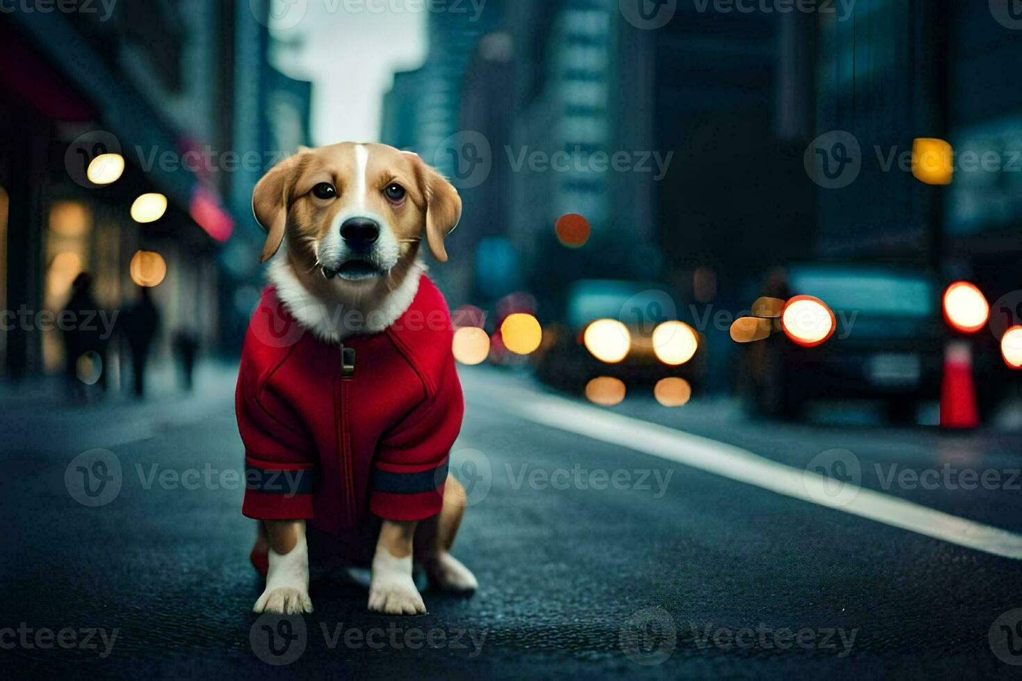 a dog wearing a red coat on the street. AI-Generated photo