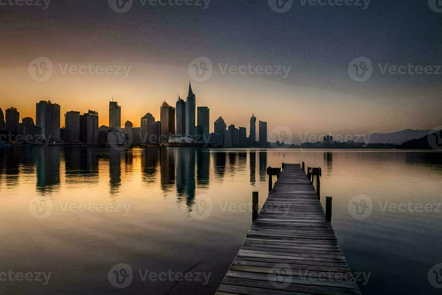 a pier leads to the city skyline at sunset. AI-Generated photo