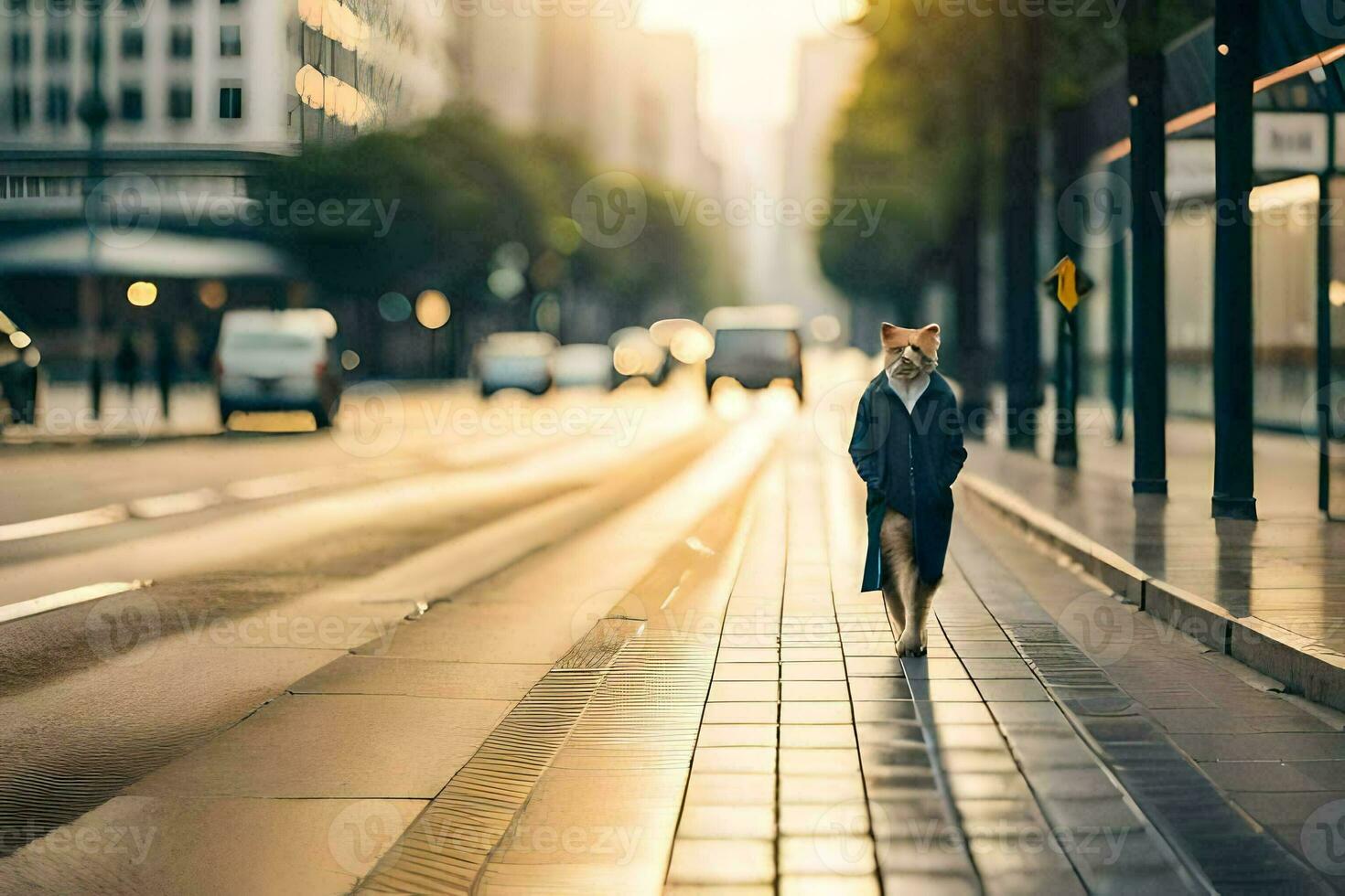a woman walking down a city street with a dog. AI-Generated photo