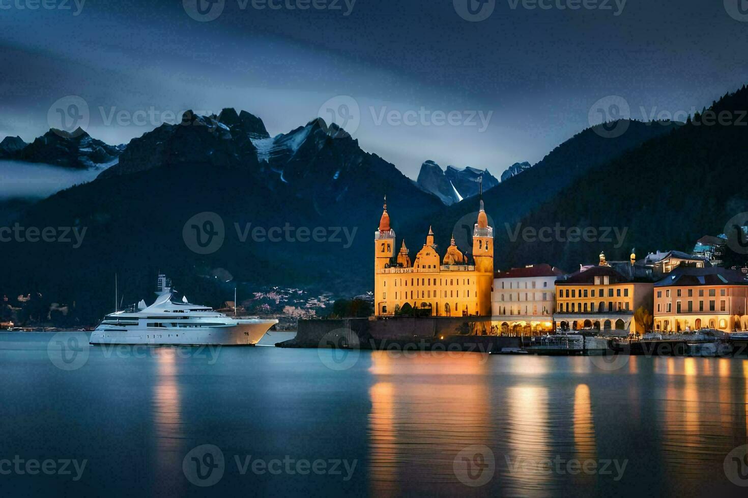 a cruise ship in the harbor with mountains in the background. AI-Generated photo