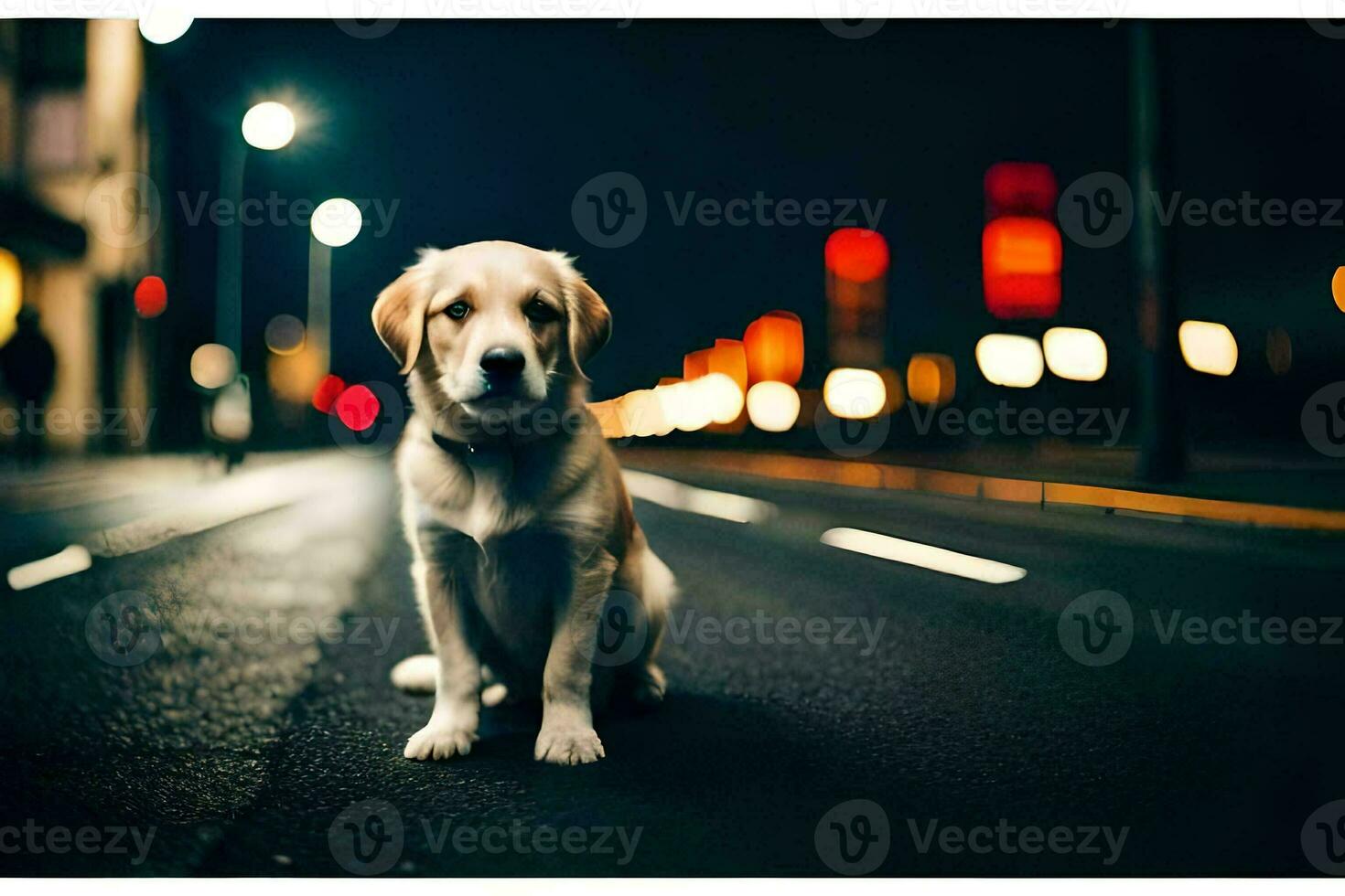 a dog sitting on the street at night. AI-Generated photo