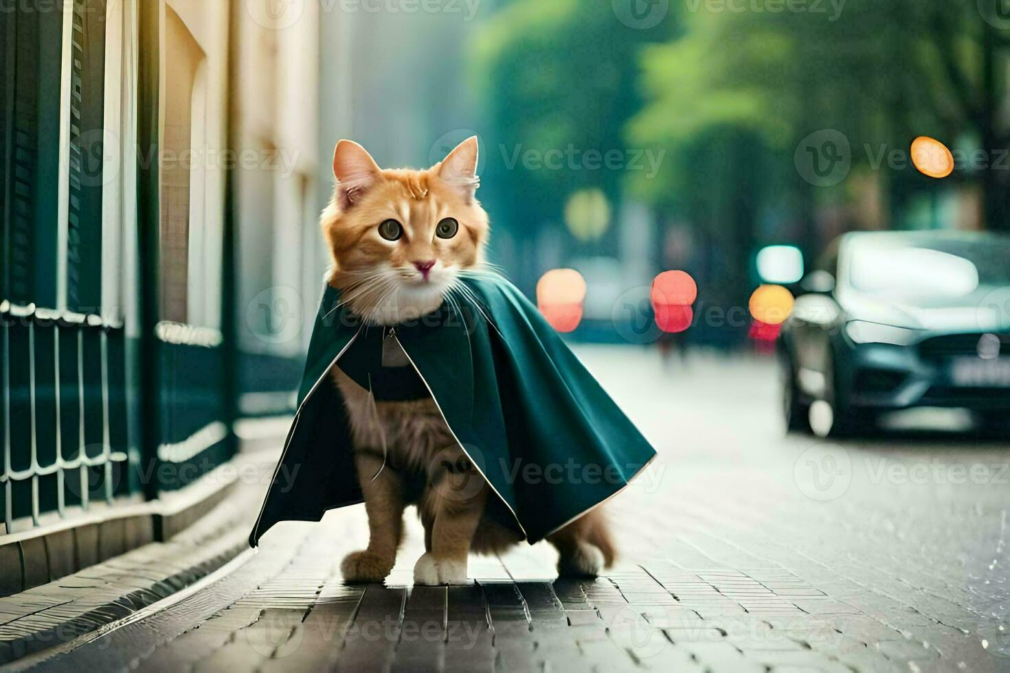 a cat wearing a cape on a city street. AI-Generated photo