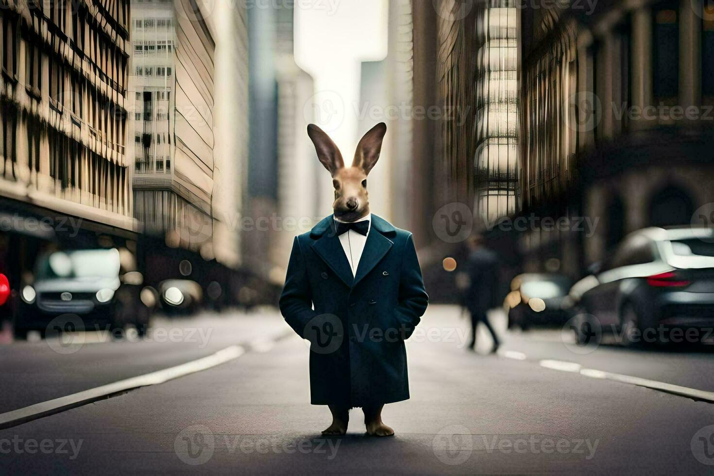 a rabbit dressed in a suit and tie standing in the middle of a city street. AI-Generated photo